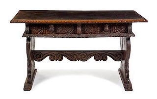 A Renaissance Style Oak Center Table Height 31 1/2 x width 59 x depth 22 1/2 inches.
