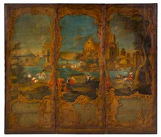 A Continental Painted Three-Panel Floor Screen Height 76 1/8 x width of each panel 29 7/8 inches.