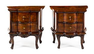 * A Pair of Italian Burl Walnut Chests of Drawers Height 23 1/2 x width 23 1/2 x depth 14 inches.