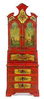 A Venetian Painted Secretary Height 77 x width 27 x depth 16 1/2 inches.