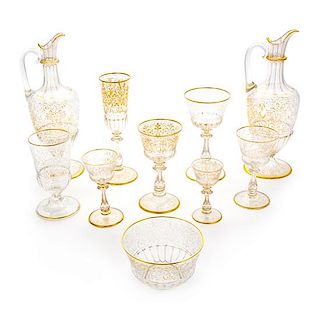 A Gilt Decorated Etched Glass Stemware Service Height of claret jug 11 1/2 inches.