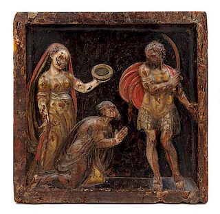 * A Continental Carved and Polychrome Wood Panel 16 1/4 x 16 1/4 inches.