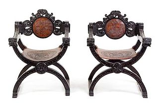 A Pair of Spanish Renaissance Style Savonarola Chairs Height 34 inches.