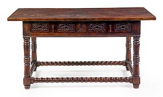 A Spanish Renaissance Style Center Table Height 32 1/2 x width 64 3/4 x depth 29 3/4 inches.