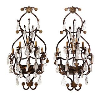 A Pair of Spanish Rock Crystal Mounted Wrought Iron and Tole Sconces Height 51 inches.