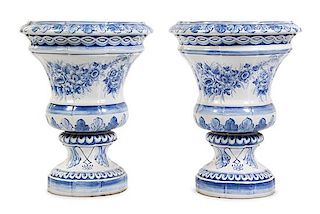 A Pair of Portuguese Faience Garden Urns Height 30 inches.
