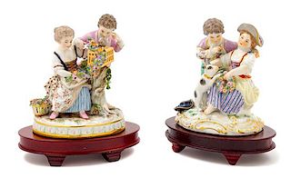 Two Meissen Porcelain Figural Groups Height of taller 5 3/4 inches.