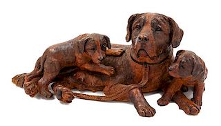 A Black Forest Carved Figural Dog Group Height 6 x width 15 inches.