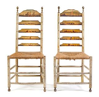 A Pair of Dutch Painted Ladder Back Chairs Height 44 1/8 inches.
