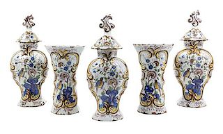 A Delft Five-Piece Garniture Height of tallest 11 inches.