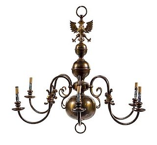 A Flemish Baroque Style Brass Six-Light Chandelier Height 44 x diameter 34 inches.