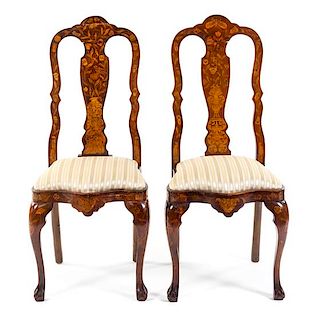 A Pair of Dutch Marquetry Side Chairs Height 45 1/2 inches.