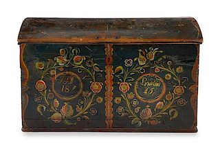 A Swedish Painted Blanket Chest Height 26 x width 44 x depth 22 inches.