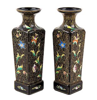 A Pair of Moser Style Enameled Glass Vases Height 13 1/4 inches.