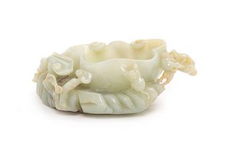A Carved Chinese Jade Brush Washer Width 6 1/4 inches.