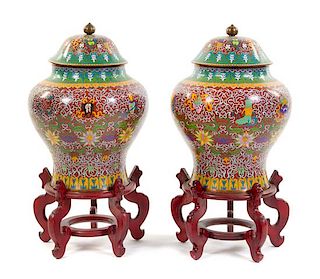 A Pair of Chinese Cloisonne Covered Ginger Jars Height of ginger jar 20 1/2 inches.