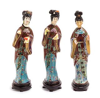 Three Chinese Cloisonne Figures Height of tallest 10 inches.