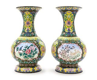 A Pair of Canton Enamel on Copper Vases Height 12 inches.