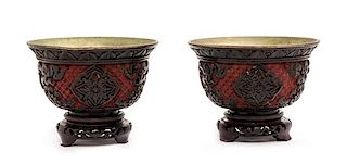 A Pair of Carved Lacquer on Metal Bowls Diameter 5 3/4 inches.