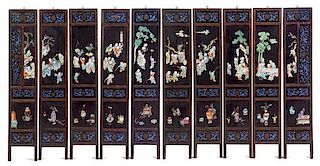 A Set of Ten Chinese Lacquered and Enameled Panels Height 52 x width of each panel 10 inches.