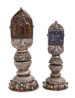 Two Tibetan Silver, Coral, Turquoise and Hardstone Offering Shrines Height of taller 19 inches.