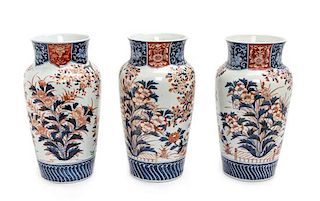 Three Imari Palette Porcelain Vases Height 12 1/8 inches.