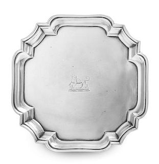 A George II Silver Salver, John Tuite, London, 1734, of square form with canted corners, the field centered by an engraved crest