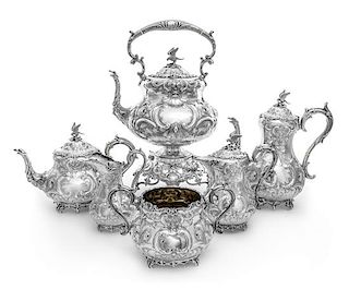 A Victorian Silver Six-Piece Tea and Coffee Service, Martin Hall & Co. Ltd., Sheffield, 1855-1857, comprising a water kettle on