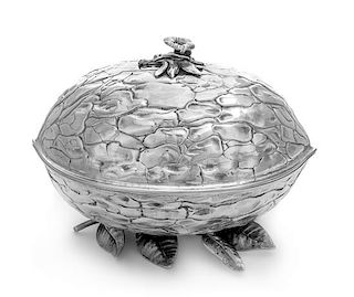 An Italian Silver Covered Dish, Maker's Mark Obscured, 20th Century, in the form of a walnut raised on a foliate base.