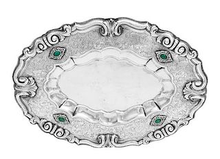 An Italian Hardstone Inset Silver Dish, S. A. Calderoni, Milan, Late 19th/Early 20th Century, of oval form with a scalloped edge