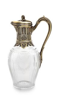 A French Silver-Mounted and Cut Glass Pitcher, Maker's Mark A&C, Late 19th/Early 20th Century, the ram's mask thumb piece above