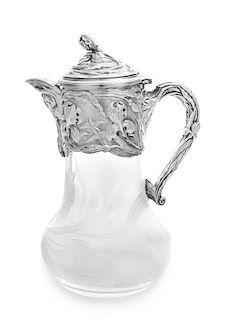 A French Silver-Plate Mounted and Cut Glass Pitcher, Early 20th Century, worked to show floral decoration in the Art Nouveau tas