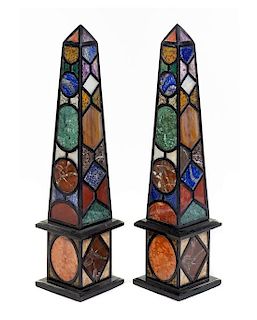 A Pair of Italian Specimen Marble Obelisks Height 40 1/4 inches.