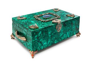 A Continental Jeweled and Silvered Metal Mounted Malachite Box Width 15 3/4 inches.