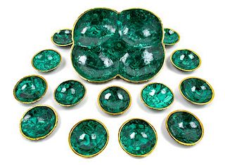 A Malachite and Gilt Metal Hors d'Oeuvres Set Width of center bowl 12 inches.