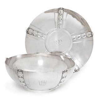 An American Silver Center Bowl and Underplate, Tiffany & Co., New York, Circa 1940, each worked to show vertical bands of foliat