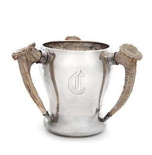 An American Silver and Antler Mounted Tyg, Gorham Mfg. Co., Providence, RI, Second Half 20th Century, having attached antler han
