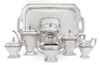 An American Silver Seven-Piece Tea and Coffee Service, Reed & Barton, Taunton, MA, 1928, Greenwich pattern, comprising a water k