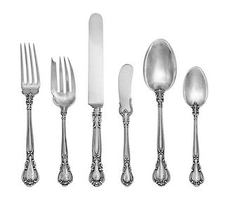 An American Silver Flatware Service, Gorham Mfg. Co., Providence, RI, Chantilly pattern with engraved handles, comprising: 3 din