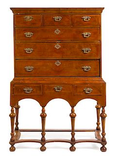 A William and Mary Burlwood Chest on Stand Height 64 1/4 x width 43 1/4 x depth 19 1/2 inches.