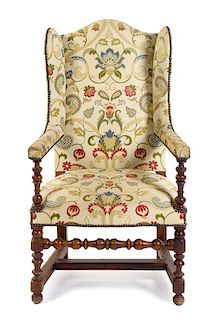 A William and Mary Style Wingback Armchair Height 46 inches.