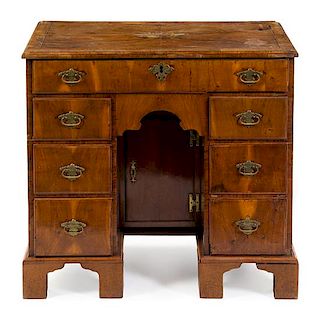 A George II Burl Walnut Kneehole Desk Height 29 1/2 x width 32 x depth 17 1/4 inches.
