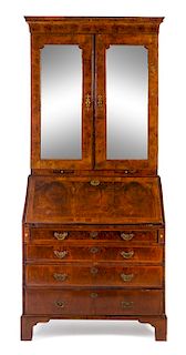 A George II Burl Walnut Secretary Bookcase Height 88 1/4 x width 40 1/4 x depth 23 inches.