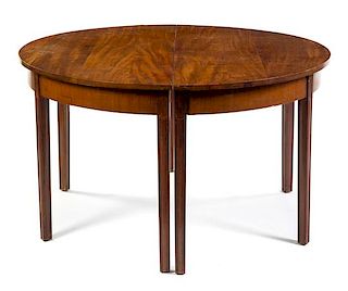 A Pair of George III Style Mahogany Demilune Tables Height 29 3/4 x width 54 x depth 26 3/4 inches.
