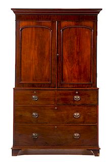 A George III Style Mahogany Linen Press Height 81 1/2 x width 48 x depth 22 1/8 inches.