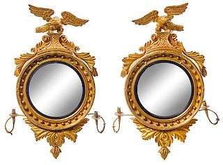 A Pair of Giltwood Girandole Mirrors Height 43 x width 27 inches.