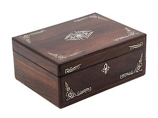 A Regency Mother-of-Pearl Inlaid Rosewood Sewing Casket Height 5 x width 12 x depth 9 inches.