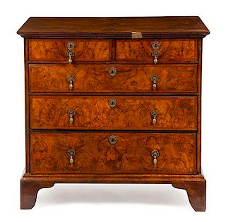 A George II Walnut Chest of Drawers Height 37 x width 38 3/4 x depth 23 inches.