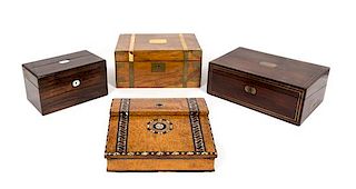 Four English Burlwood Writing Boxes Width of largest 17 1/2 inches.
