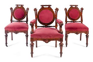 A Set of Three Victorian Burl Walnut Chairs Height 39 3/8 inches.